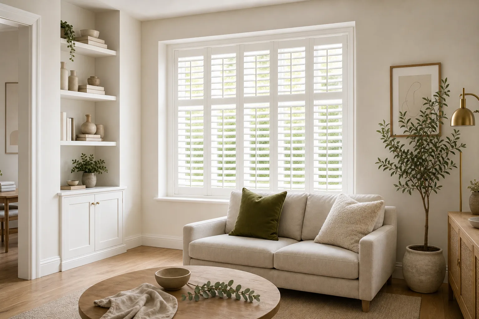 Living room with white plantation shutters
