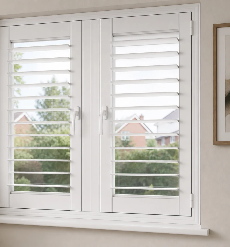 White Perfect Fit shutters fitted to a uPVC window